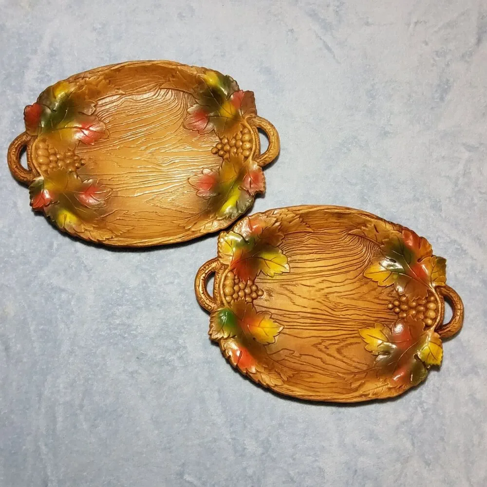 Vintage Multi Products Faux Wood Resin Trays Set of 2 Grape Leaf Oval Platters